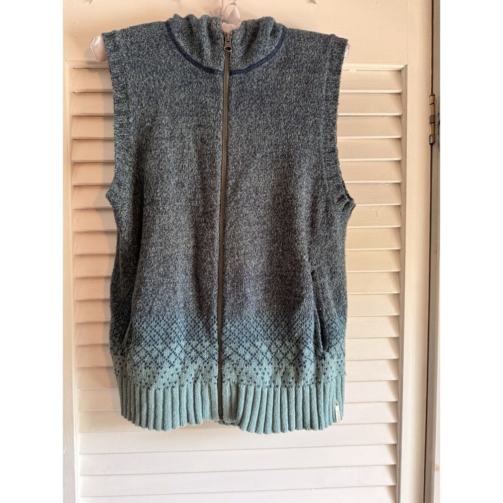Womens Woolrich Blue Wool Blend Zip Vest M Fair Isle Granola Girl Grandma hood